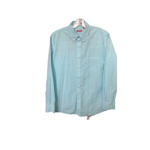 IZOD Mens Slim Fit Long Sleeve Gingham Button Down Shirt Aqua Blue White Large